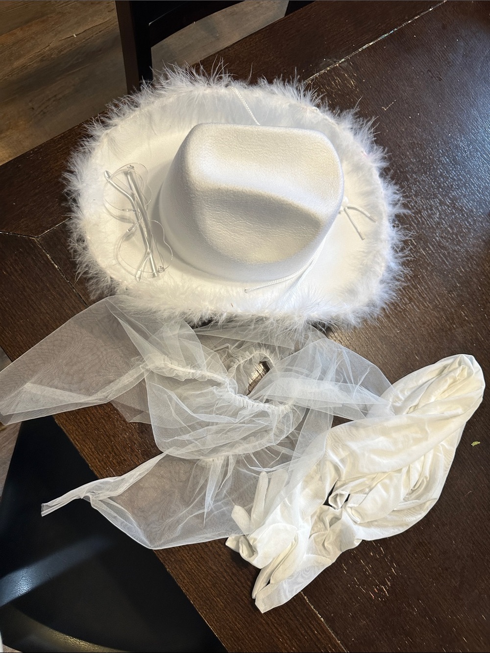 White Feather-Trim Cowboy Hat with glasses and 2 sets of gloves